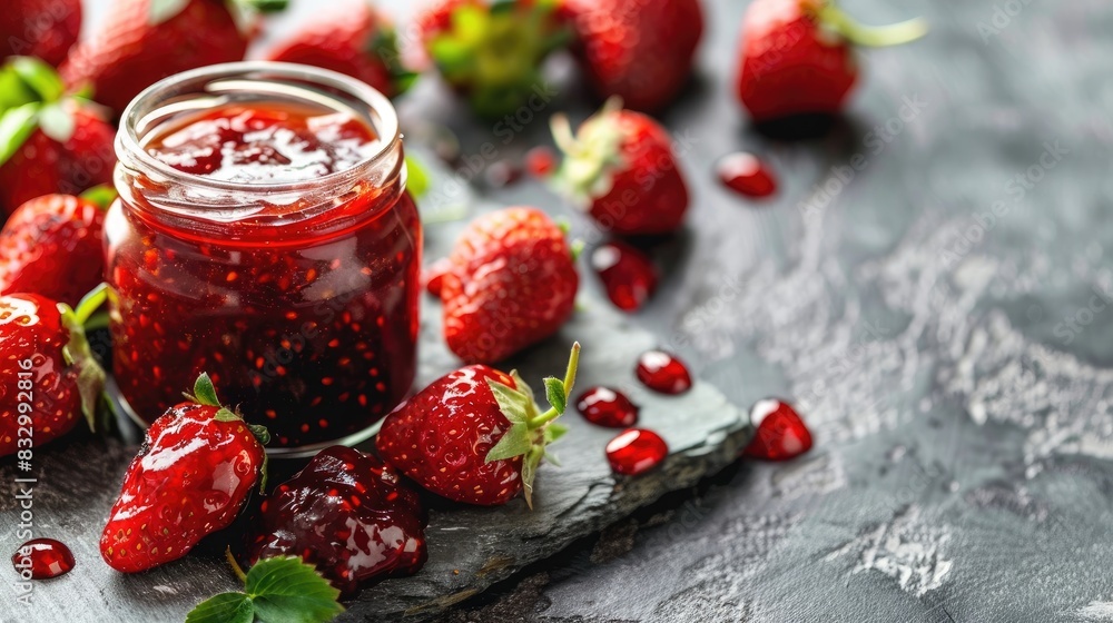 Wall mural close up of organic red strawberries and marmalade on a grey board with space for text