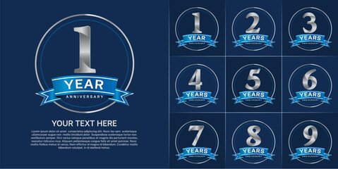 anniversary logotype set vector, silver color with circle and blue ribbon for special day celebration