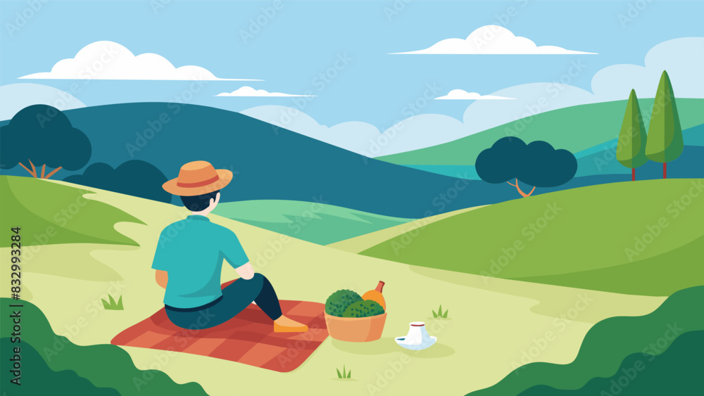 Poster a person enjoys a peaceful picnic on a rolling hill with a blanket spread out and a beautiful view o