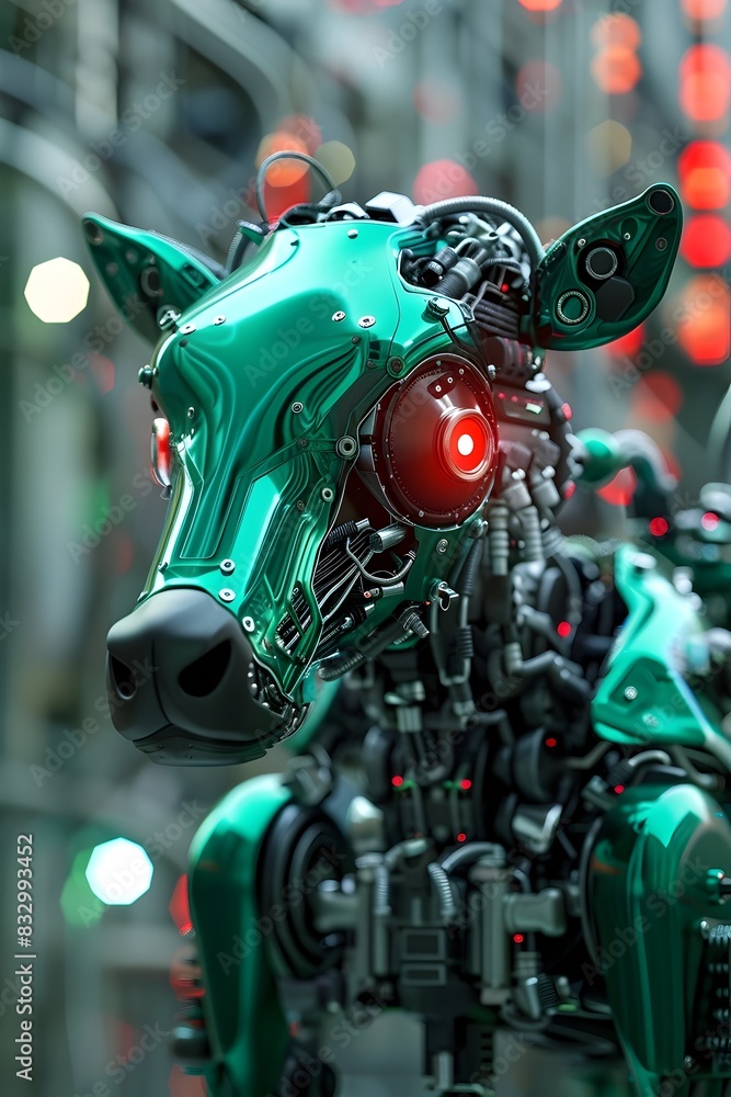 Poster Surreal Mechanical Green Creature with Pulsing Light in Data Visualization