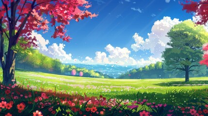 Fototapeta premium Natural beauty of a lush green field with a few scattered wildflowers and a few colorful trees