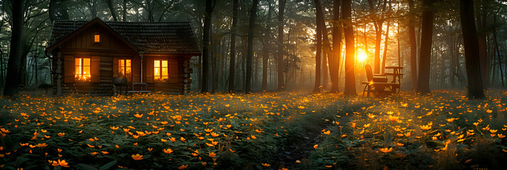 A tranquil nature forest scene with a small wooden cabin surrounded by dense trees, bathed in the golden light of dawn