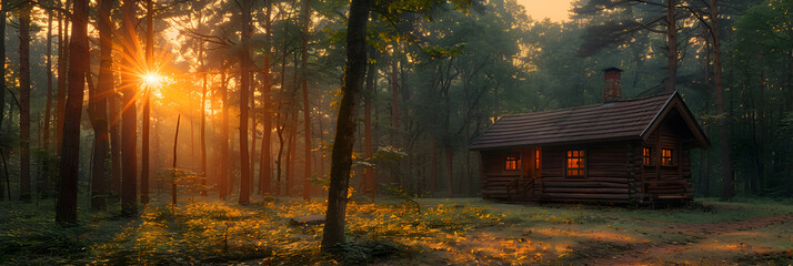 A tranquil nature forest scene with a small wooden cabin surrounded by dense trees, bathed in the golden light of dawn