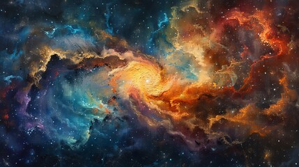 Fototapeta premium View from spaceship window, oil painting of deep space with swirling galaxies, shimmering star clusters, and cosmic dust clouds in rich colors