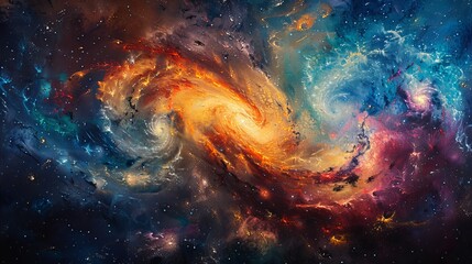 Obraz premium View from spaceship window, oil painting of deep space with swirling galaxies, shimmering star clusters, and cosmic dust clouds in rich colors