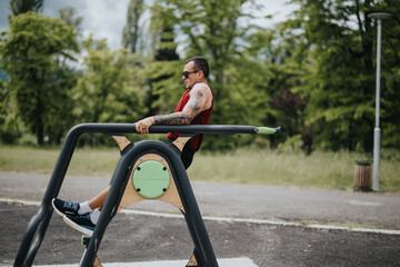 Fototapeta premium Tattooed man uses horizontal bars for stretching exercises in a quiet, urban green park, demonstrating a fit lifestyle.