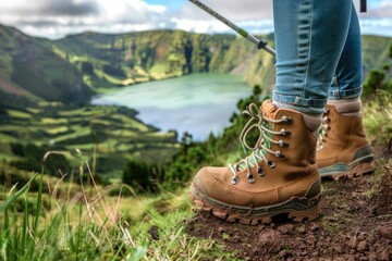 Exploring Paradise: A Woman Hiker with Trekking Sticks Ventures through the Green Landscapes of Sete Cidades, São Miguel Island, Azores, by the Twin Lakes.