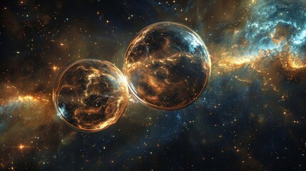 Surreal cosmic orbs suspended in the universe, each orb representing a unique, fantastical world amidst a sea of stars