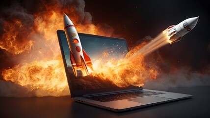 A laptop with a rocket launching from the screen.