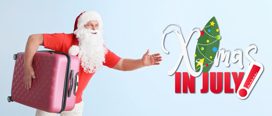 Running Santa Claus with luggage on light background. Concept of vacation