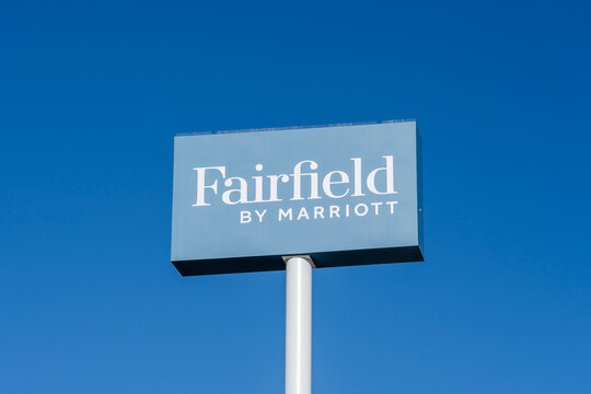 Wyoming, USA - May 8, 2023: A Fairfield by Marriott pole sign with blue sky in Wyoming, USA. Fairfield by Marriott is a franchised economy to midscale hotel brand of Marriott International
