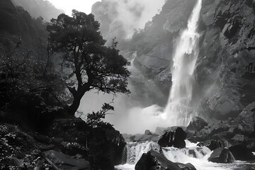 A majestic waterfall cascading down a rocky cliff face, mist rising into the air.