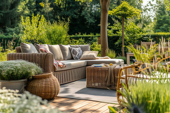 Beautiful summer day in elegant home garden with trendy furniture


