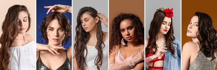 Collage of young women with curly brown hair on color background