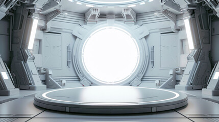 3d round podium with white glow room in futuristic spaceship background for display product presentation