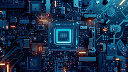 Close Up Shot of Processor Chip Computer Circuit Board with Blue Light