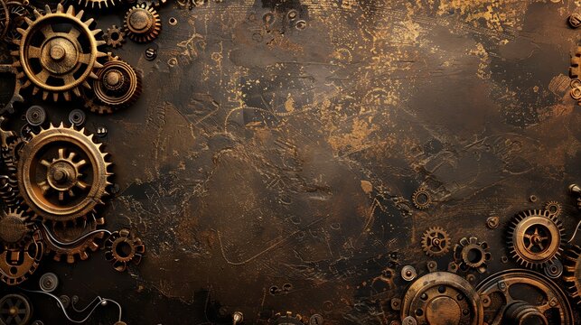 Steampunk background with gears and cogs in metallic tones on dark grunge wall, vintage frame design with copy space for text or decoration