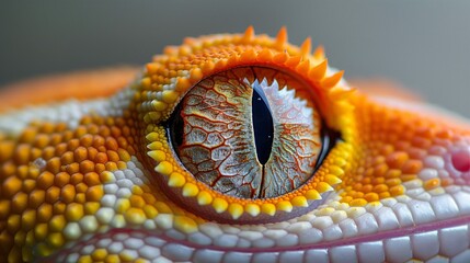 Fototapeta premium Extreme close-up of an impressive and beautiful gecko eye, scales, white, orange, silver, red.