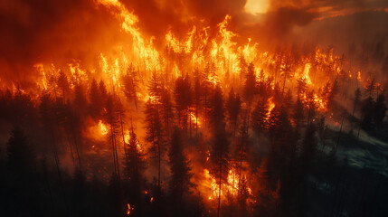 Fototapeta premium The aerial view of a devastating large wildfire with the trees burning and smokes in the air