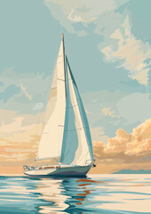 Naklejka premium sailboat on the sea vintage style illustration drawing
