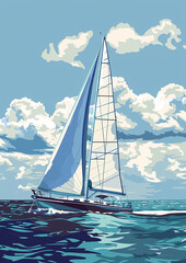 Naklejka premium sailboat on the sea vintage style illustration drawing