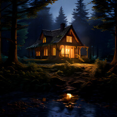 Modern cozy chalet in the woods at night Wooden chalet in the forest nature dark background
