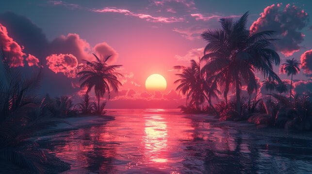 Synthwave-inspired landscape with vibrant vaporwave colors, palm trees, and setting sun, evoking retro 80s vibe. AI Generative.