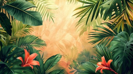 Wallpaper pattern of tropical vegetation in watercolor, showcasing vibrant palm trees and exotic plants. AI Generative.