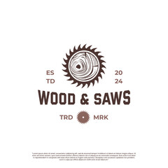 Woodworking logo with saw blade and tree line icon retro hipster vintage