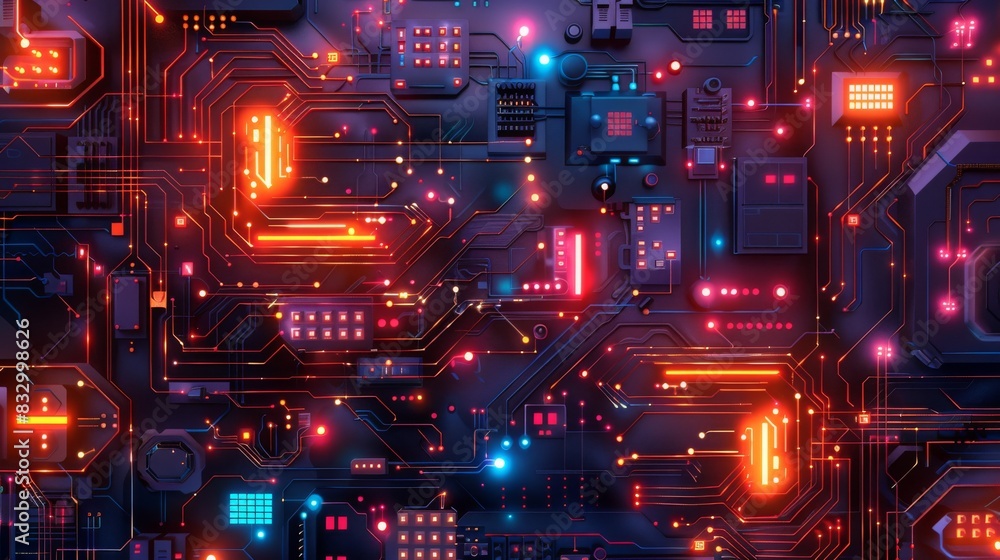 Aufkleber abstract futuristic circuit board with glowing lights in red and blue, representing high-tech and in