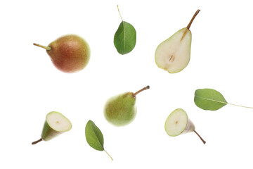 Flying ripe pears isolated on white background
