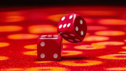two casino red dices on red surface, lucky strike, close-up