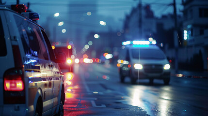 Emergency ambulance car going to receive patient on city road blur background