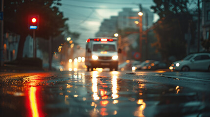 Fototapeta premium Emergency ambulance car going to receive patient on city road blur background