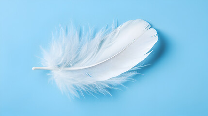 Close-up white feather on blue background, generative AI