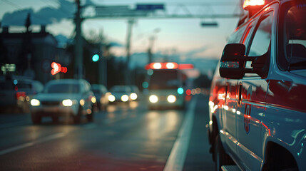 Emergency Ambulance Car Going to Receive Patient on City Road in Evening Time Blur Background