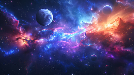 Vibrant Cosmic Nebula with Planets
