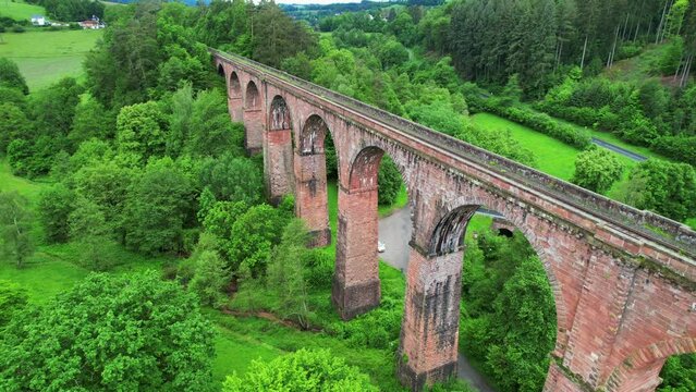 Aerial view, stone arch bridge Himb&auml;chel Viaduct, Erbach, Germany.