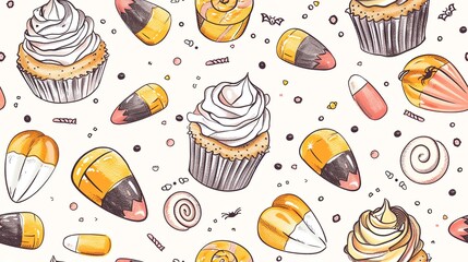 Hand-drawn seamless pattern of pastel-colored Halloween treats, including cupcakes, candy corn, and lollipops, creating a sweet and spooky party theme