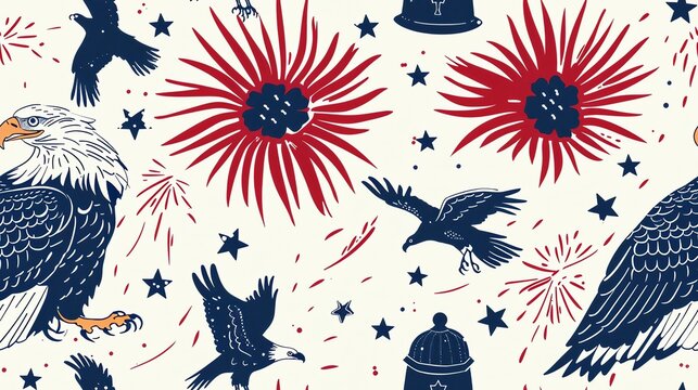 Hand-drawn seamless pattern featuring fireworks, eagles, and Liberty Bells, perfect for a celebratory and patriotic Fourth of July look