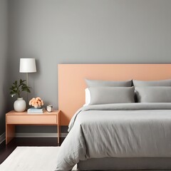  Bedroom in delicate peach fuzz color panton furniture and accent wall. Modern luxury room interior home or hotel design. Empty warm apricot paint background for art.3d render 
