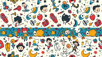 Seamless pattern of hand-drawn cartoon characters playing with toys, showcasing a lively and engaging design for kids