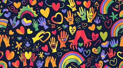 Naklejka premium Seamless pattern of hand-drawn LGBTQ Pride elements, including rainbow flags, interlocking hands, and love symbols, showcasing a message of unity and acceptance