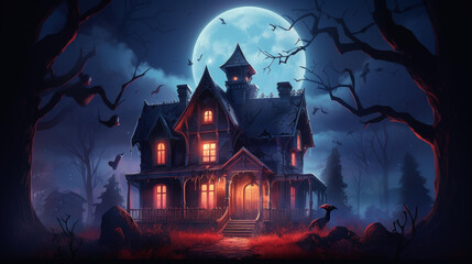 Intricately detailed haunted mansion illustration with a ghostly residence vibe and eerie atmosphere. Highresolution art perfect for spooky themes.