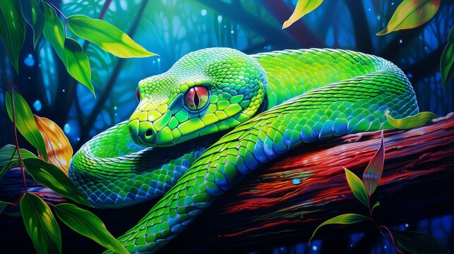 Colorful artwork of a green tree python coiled around a branch, with shimmering scales in a clean, bright setting.