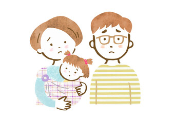 女の子をスリングで抱っこした母親と父親の困った表情の3人家族の上半身手描きイラスト