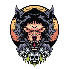 illustration of skull and head wolf 