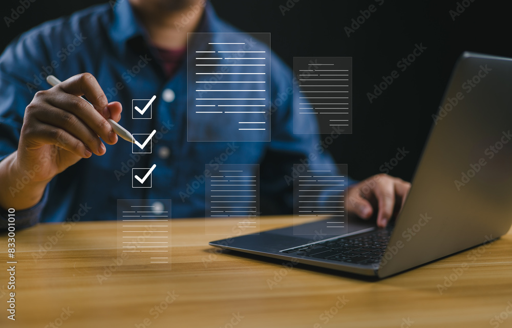 Poster businessman working on tablet to document management online for checklist and clipboard task managem
