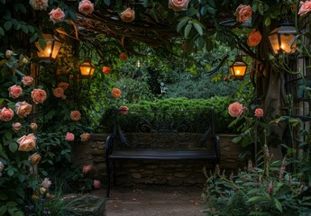 A hidden garden nook with a wrought-iron bench surrounded by climbing roses and softly illuminated by lanterns, creating a magical, secluded retreat perfect for moments of reflection and romance.