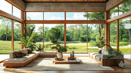 Fototapeta premium Natural red shade living room of a house resort by golf grassland